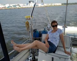 Kathleen relaxing aboard in NoordZeekanaal trip