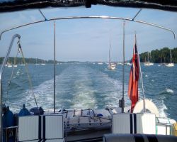 Looking astern as we cruise up the River Orwell